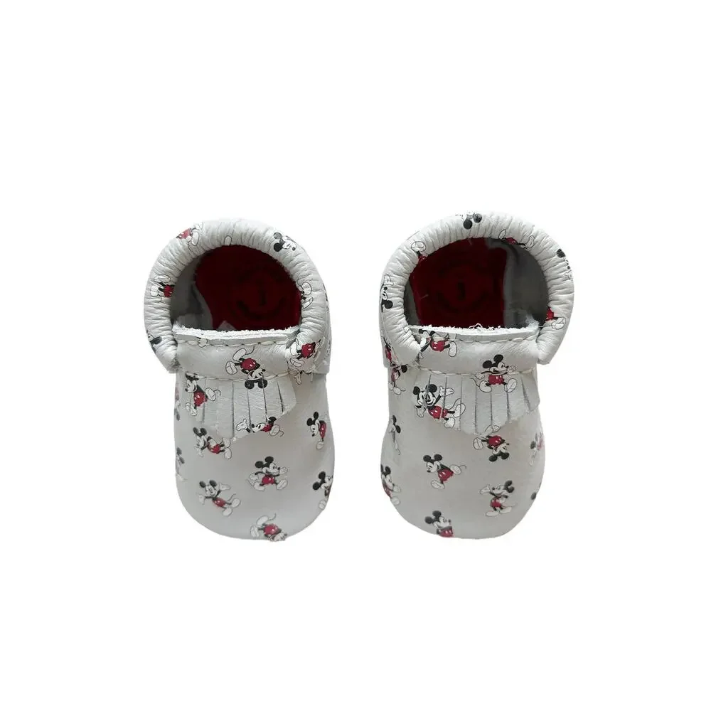 Freshly Picked Baby Moccasins - White with Red Accents & Black Disney Print